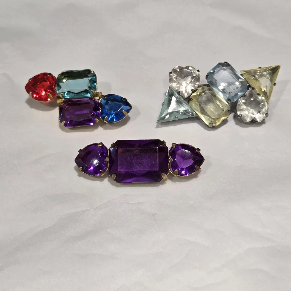 Vintage 80s Lot Of 3 Acrylic Plastic Gem Brooches
